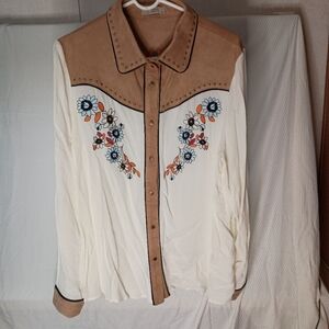 Suede-Trim Floral Embroidered Button-Down Shirt - Cream and Tan